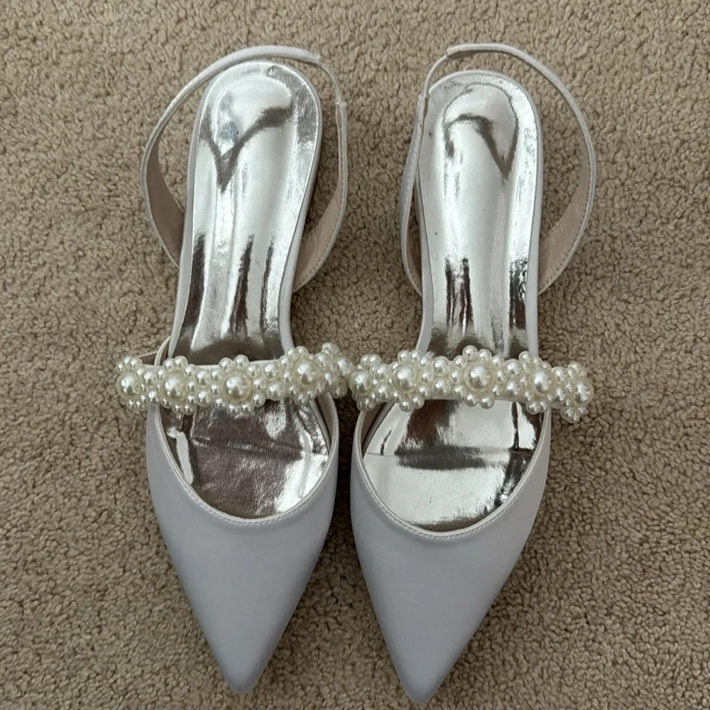 Up2Step White Pearl Embellished Satin Flats Slingbacks Pumps Closed Toe Flat - Picture 2 of 4